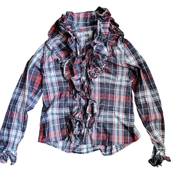 Boston Proper Womens Taffeta Tartan Ruffle Full Zip Blouse 12 Plaid Multi Corset - Picture 1 of 9